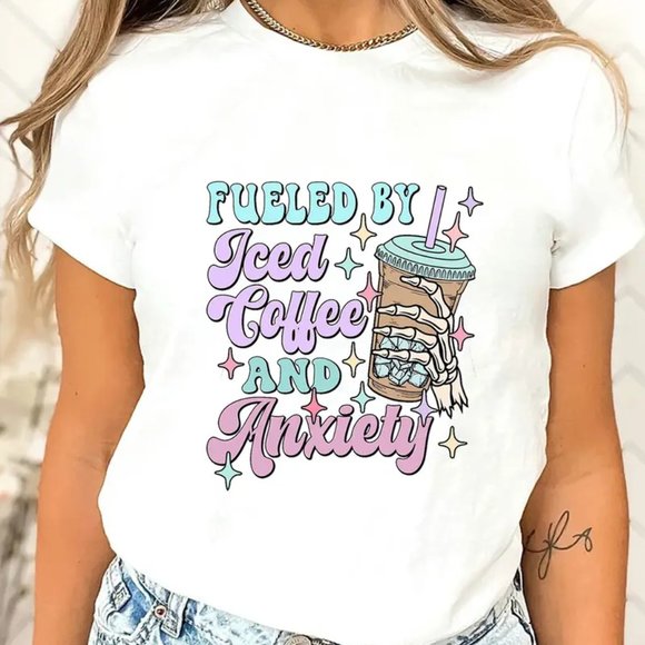 {NEW} Iced Coffee & Anxiety Print T-Shirt Short Sleeve White XL - Picture 1 of 3